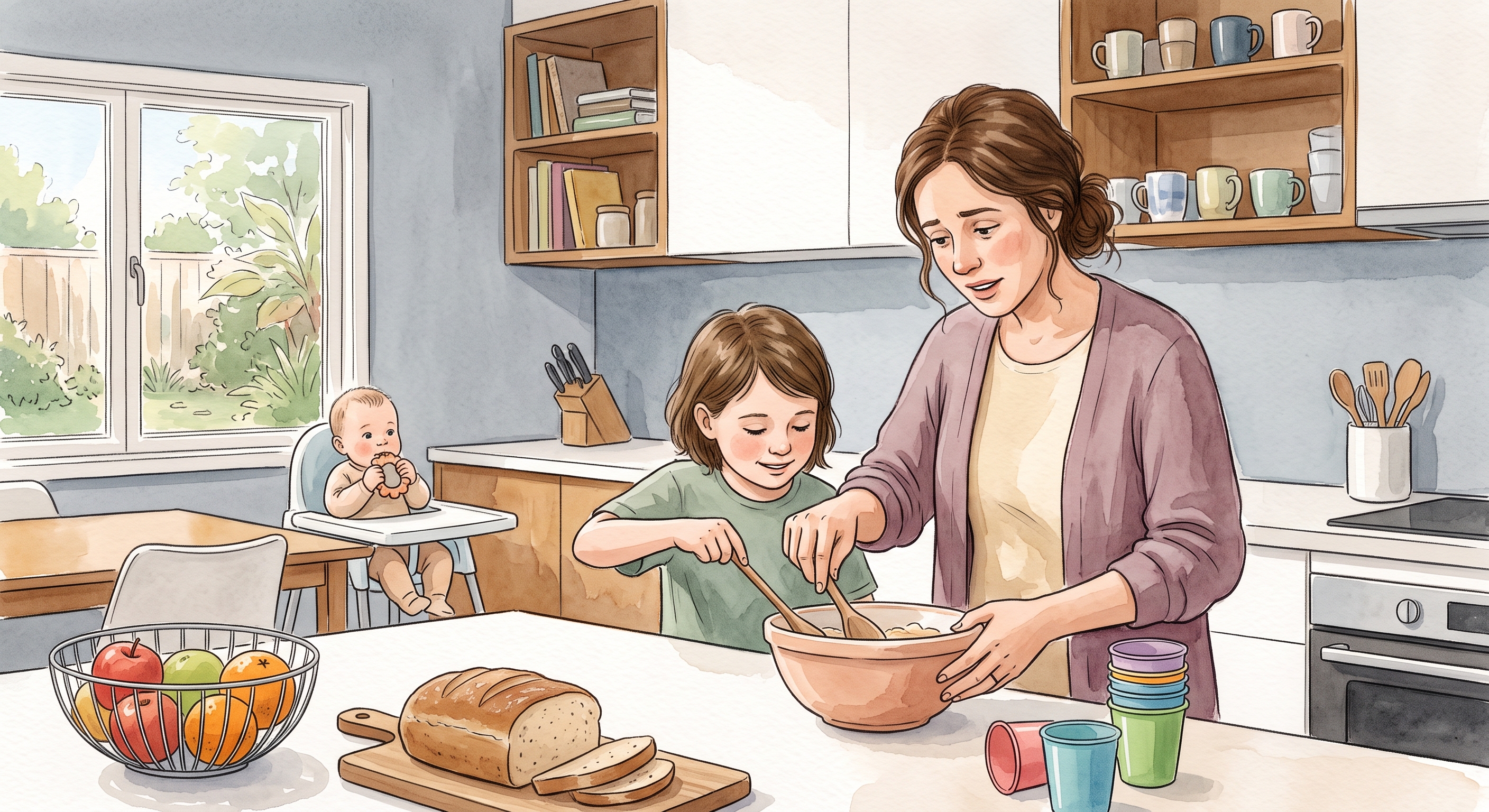 Watercolour illustration of a parent and child sharing a small everyday activity