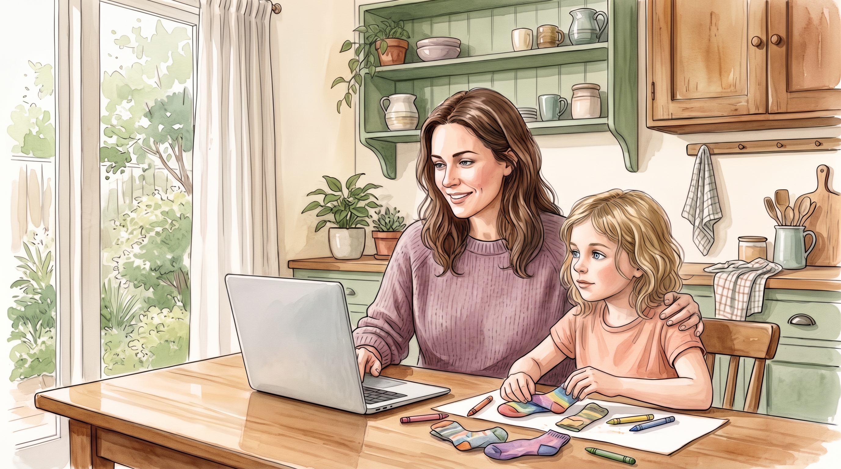 Watercolour illustration of a parent talking with Robyn online while connecting with their child
